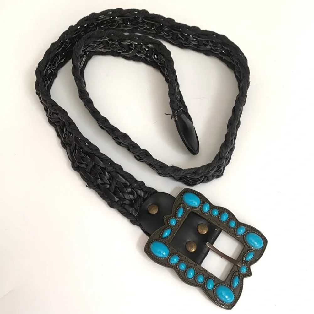 BoHo Black‎ woven belt with jeweled buckle